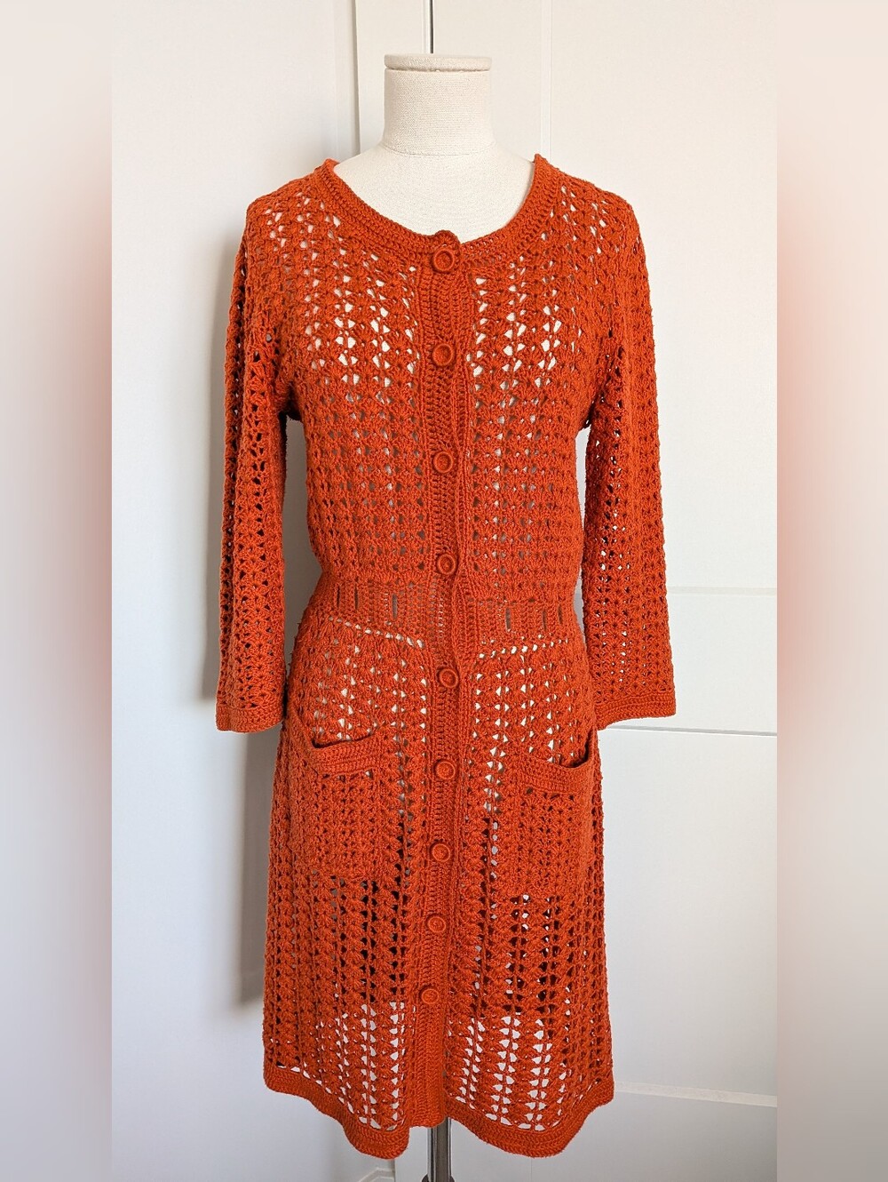 Susana Monaco Linen Cotton Crochet Dress Cardigan Duster Rust L (No Belt)